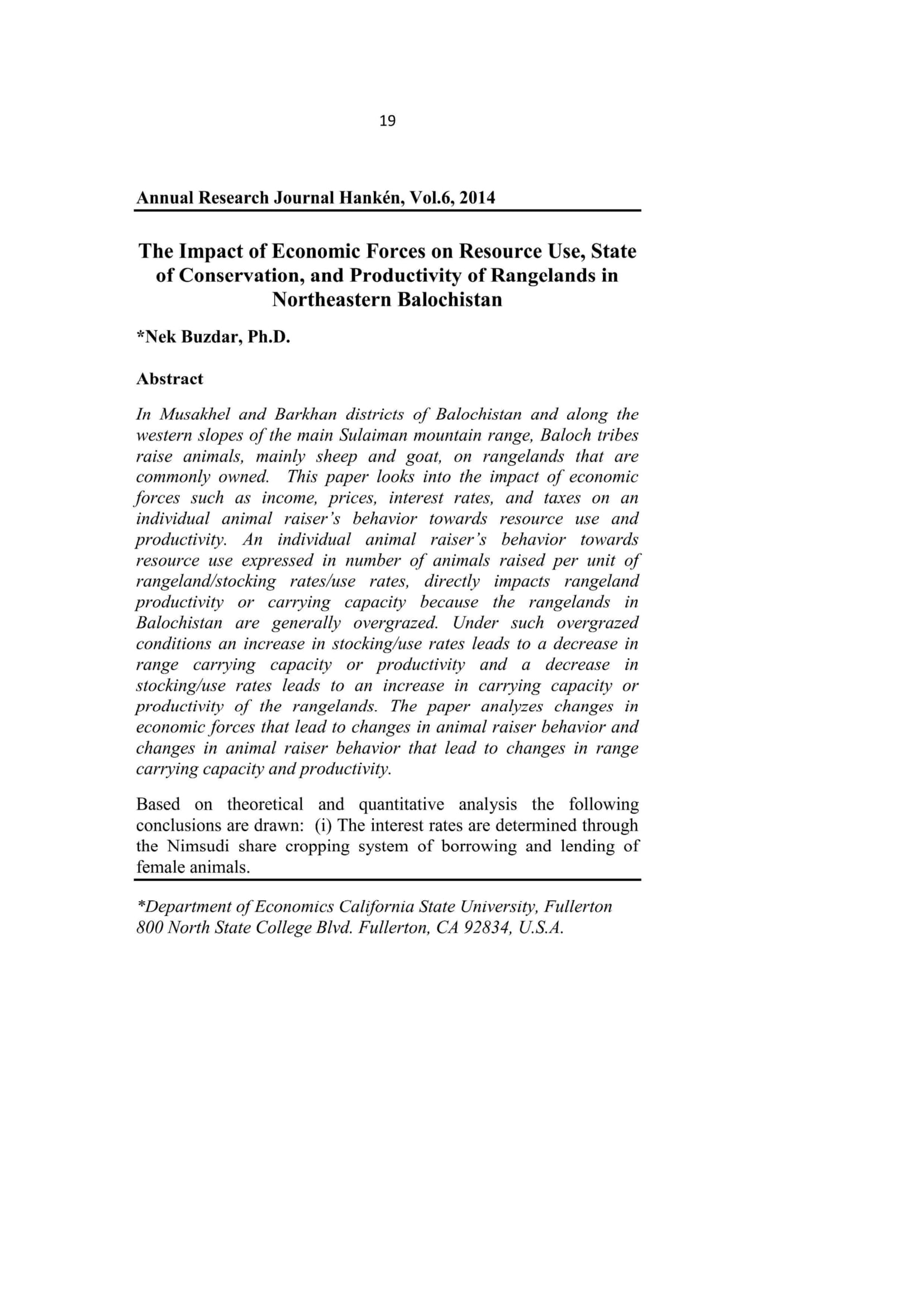 The Impact of Economic Forces on Resource Use, State of Conservation, and Productivity of Rangelands in Northeastern Balochistan