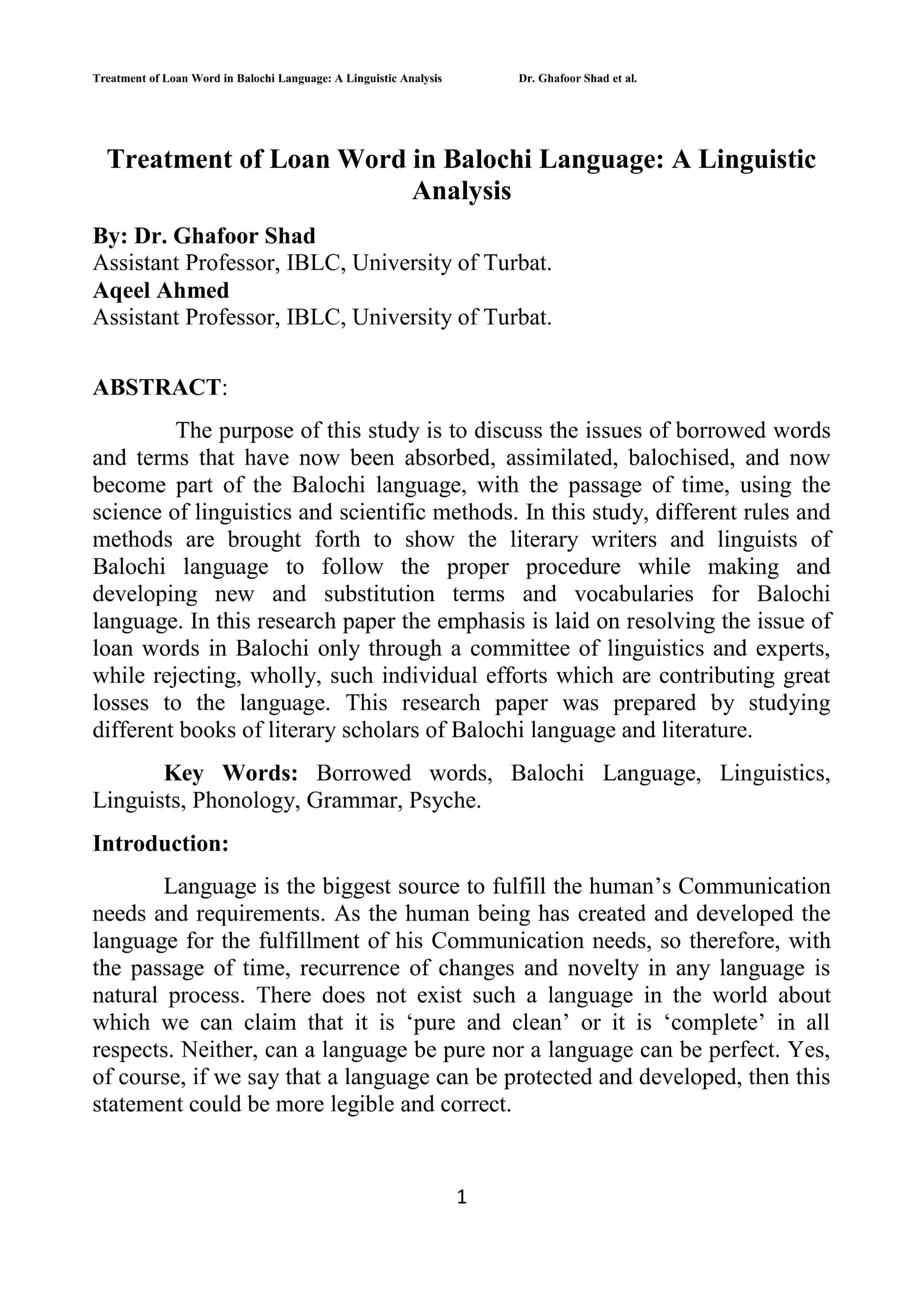 Treatment of Loan Word in Balochi Language: A Linguistic Analysis