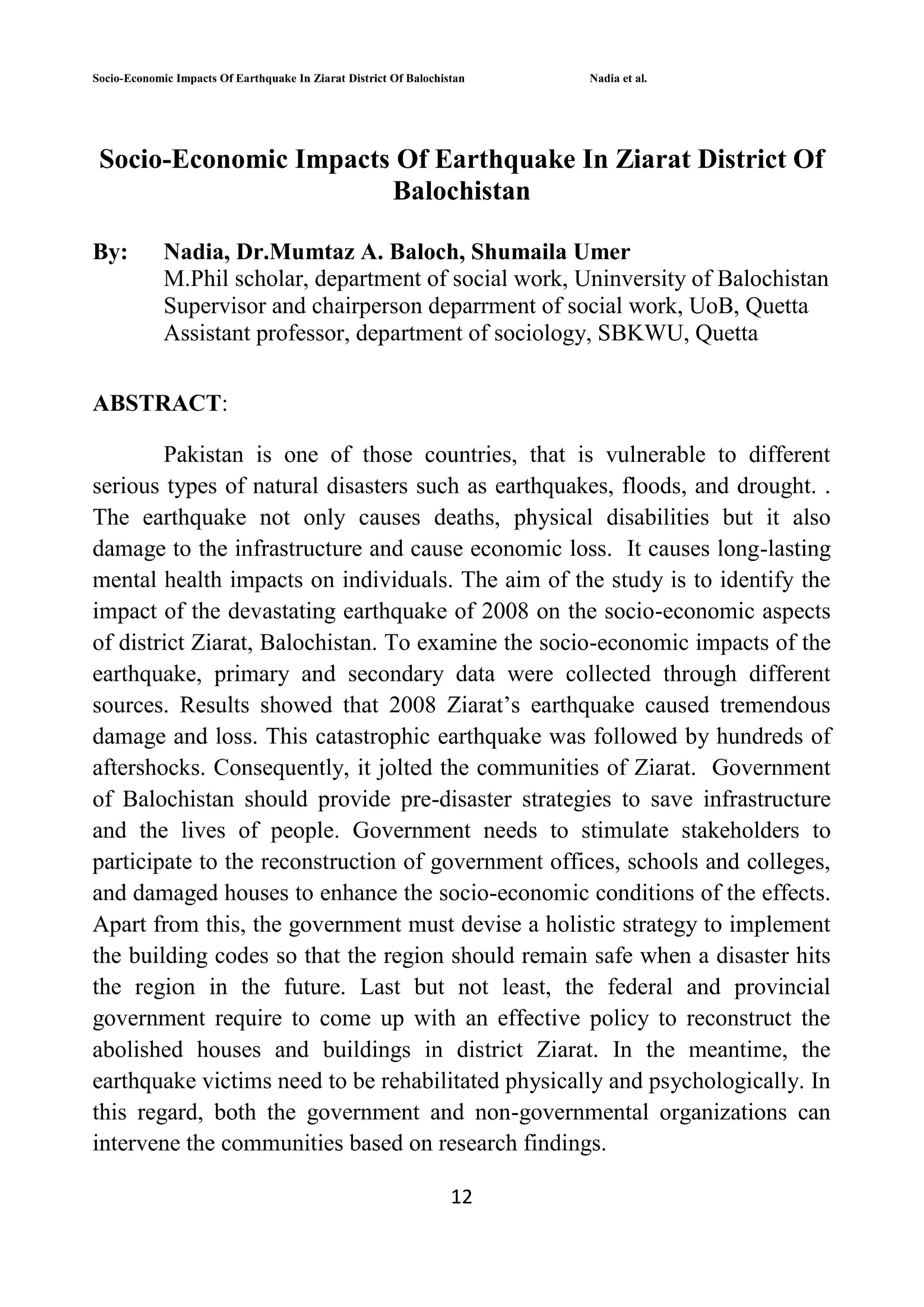 Socio-Economic Impacts Of Earthquake In Ziarat District Of Balochistan 