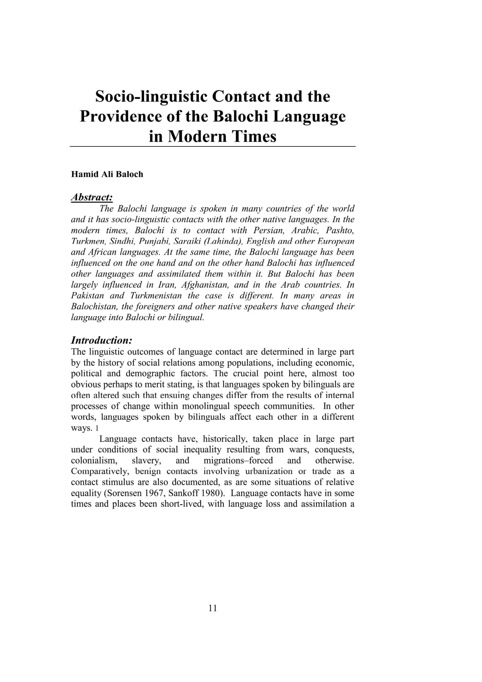 Socio-linguistic Contact and the Providence of the Balochi Language in Modern Times