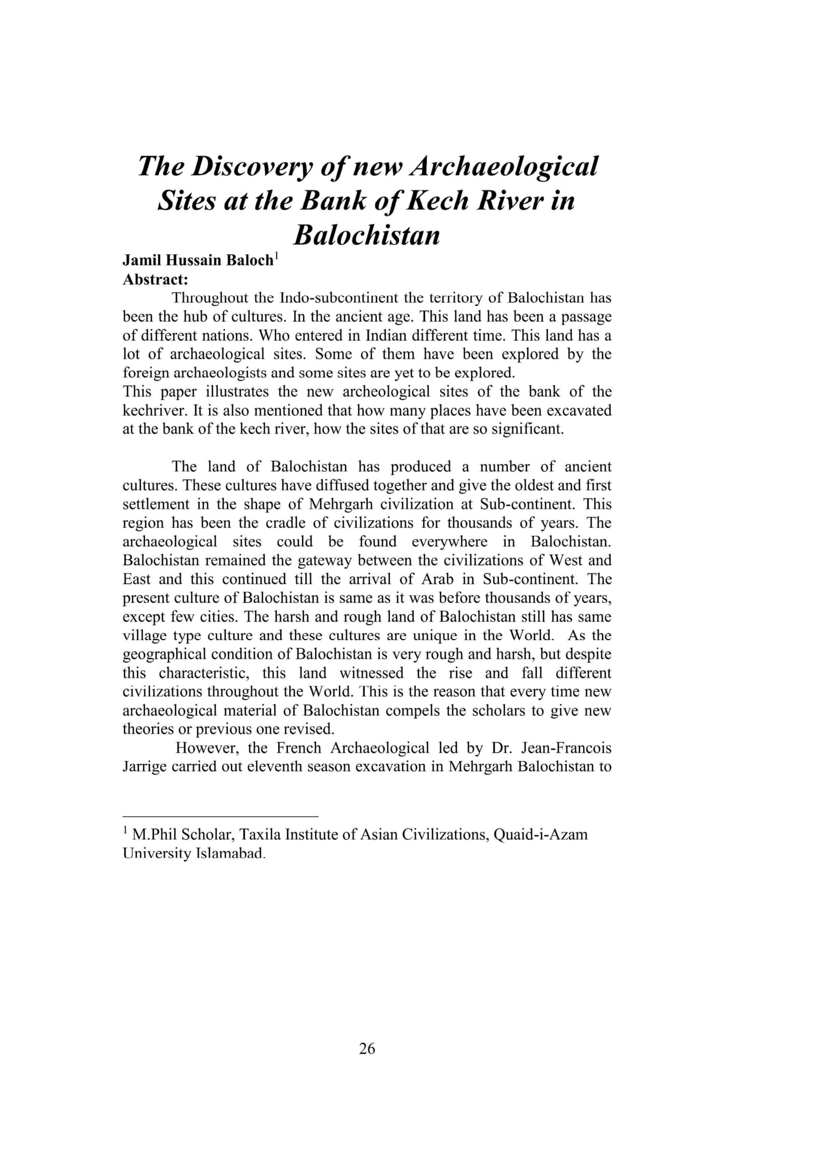 The Discovery of new Archaeological Sites at the Bank of Kech River in Balochistan