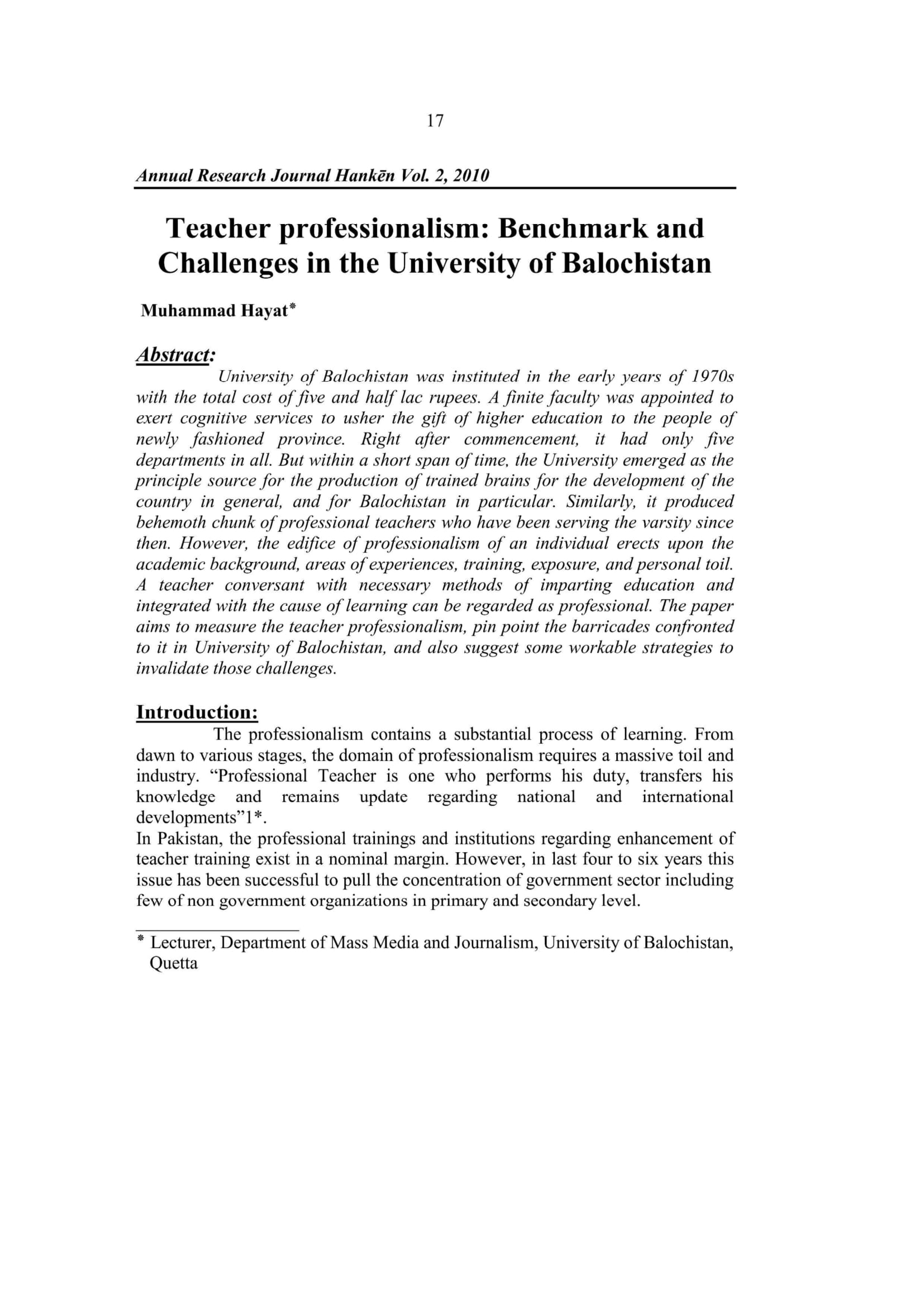 Teacher professionalism: Benchmark and Challenges in the University of Balochistan