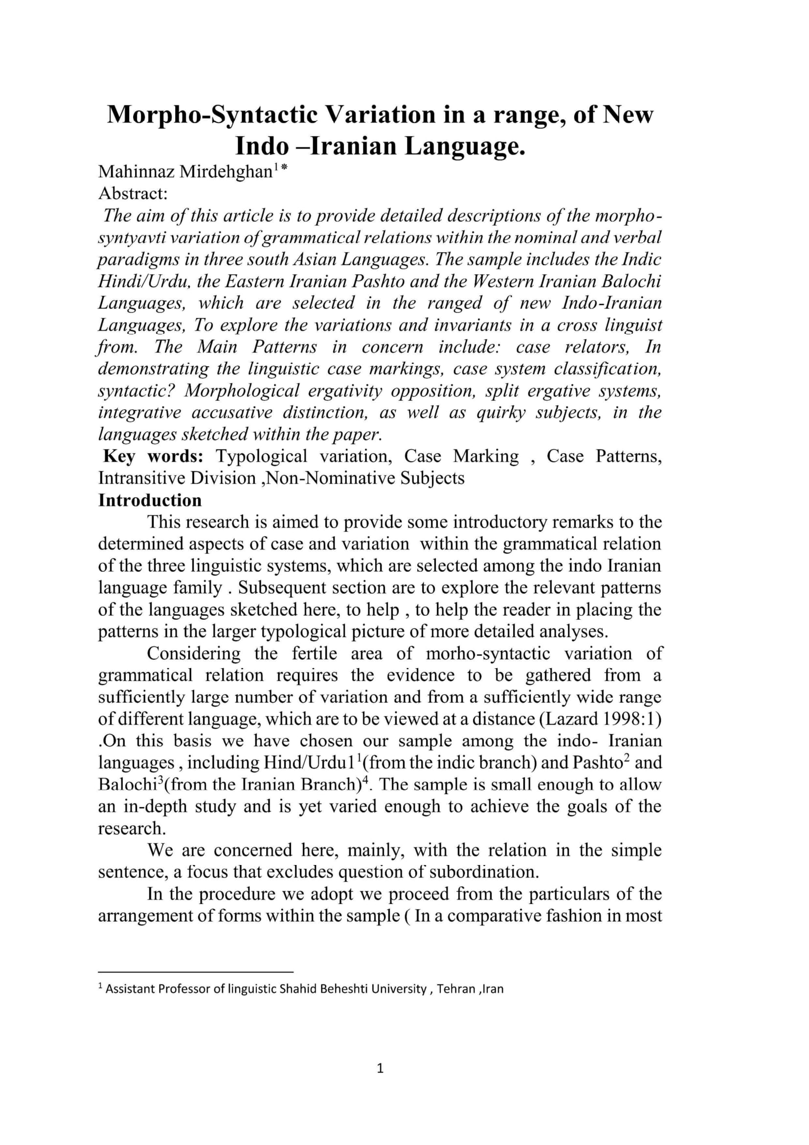 Morpho-Syntactic Variation in a range, of New Indo –Iranian Language.