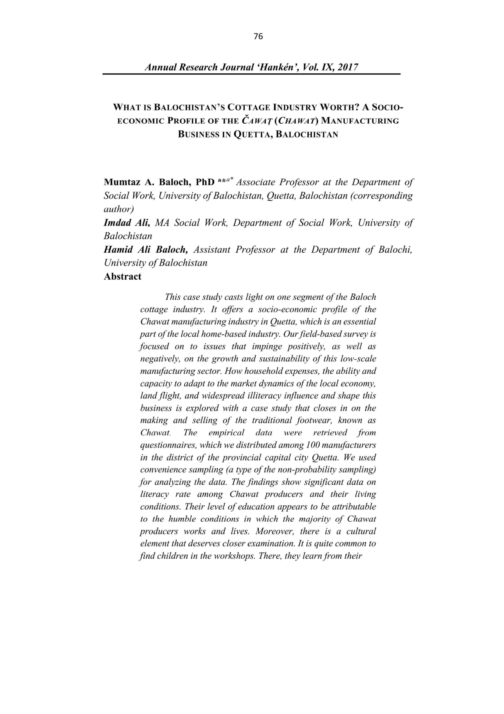 WHAT IS BALOCHISTAN’S COTTAGE INDUSTRY WORTH? A SOCIO- ECONOMIC PROFILE OF THE ČAWAŢ (CHAWAT) MANUFACTURING BUSINESS IN QUETTA, BALOCHISTAN