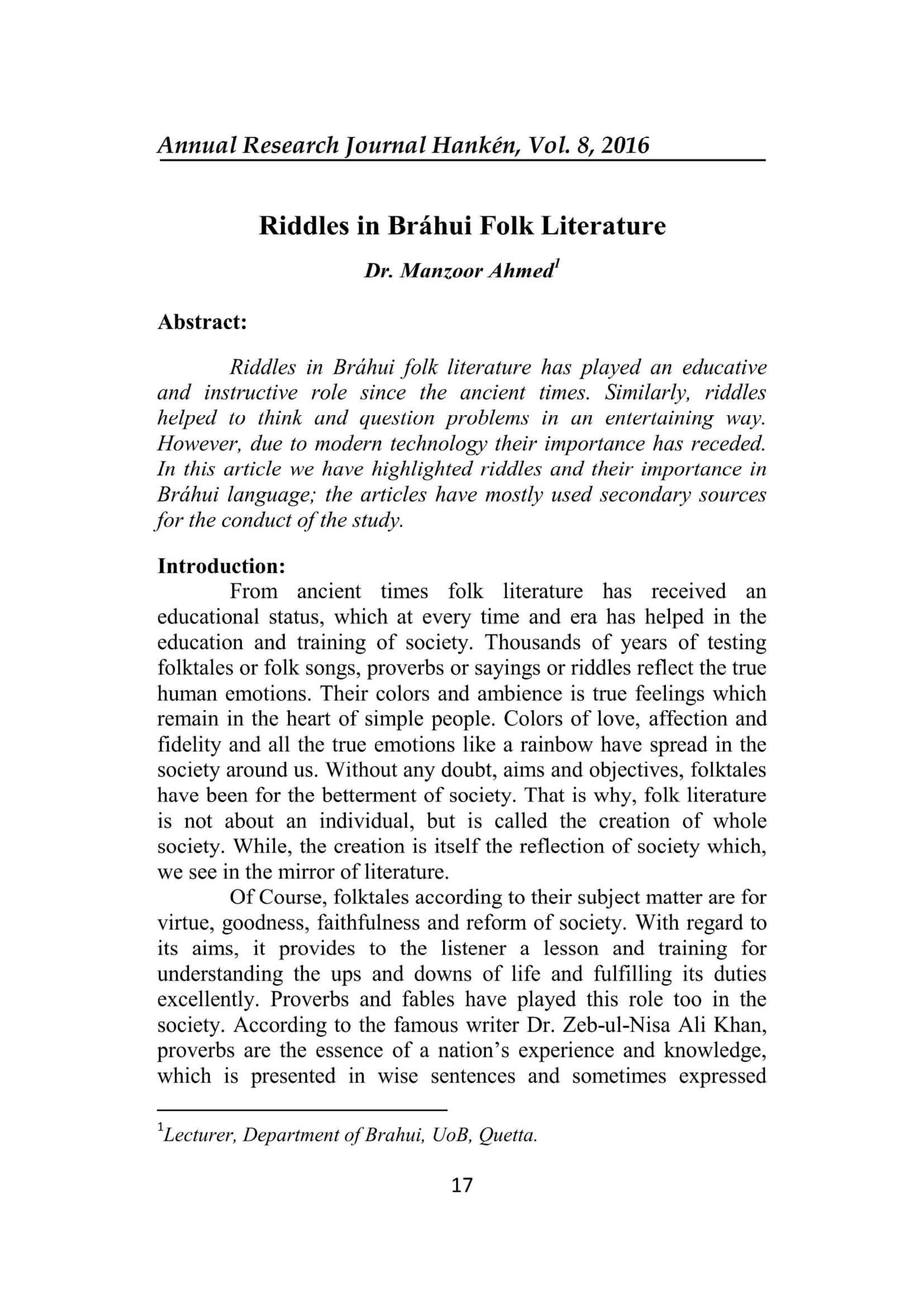 Riddles in Bráhui Folk Literature