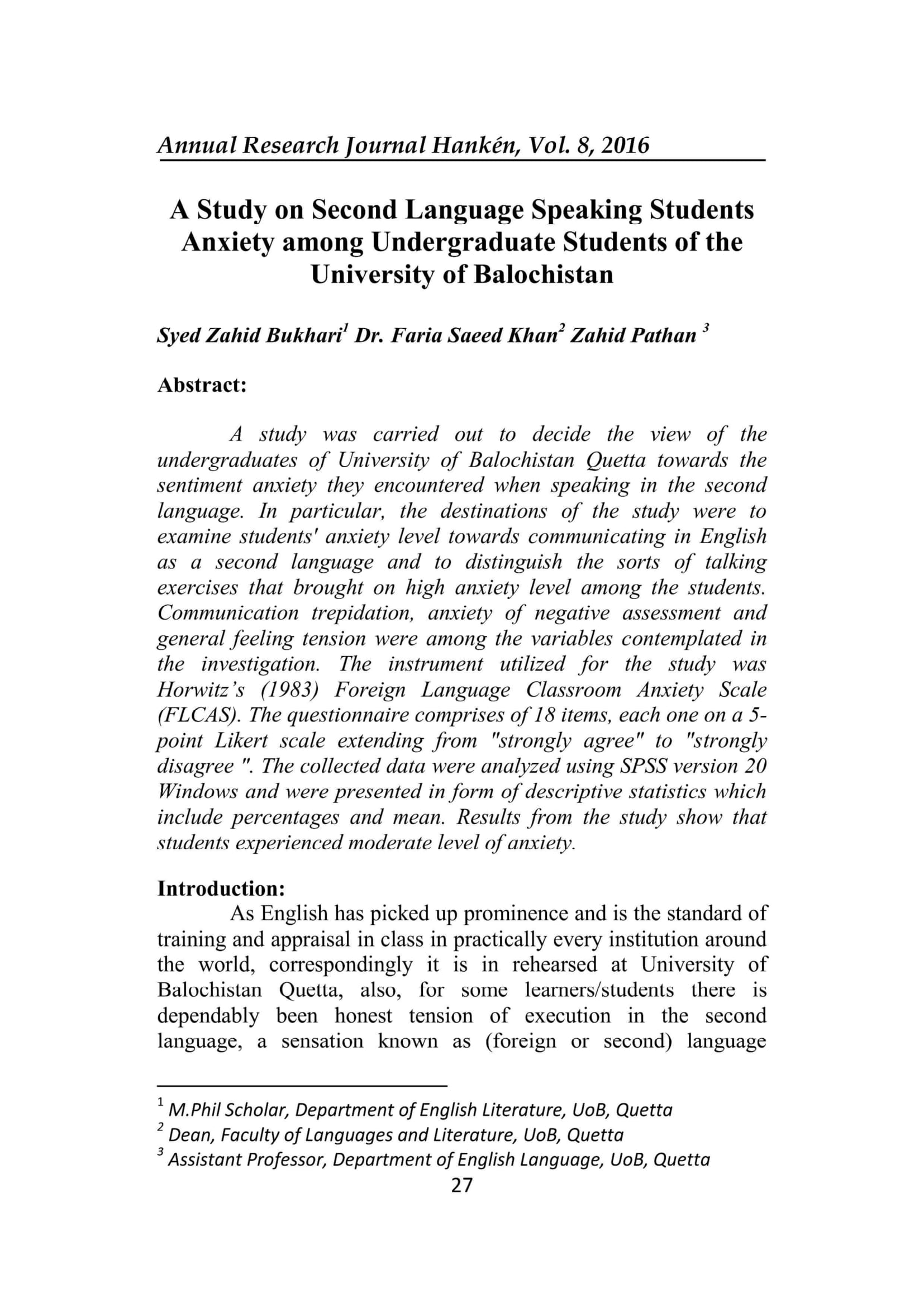 A Study on Second Language Speaking Students Anxiety among Undergraduate Students of the University of Balochistan