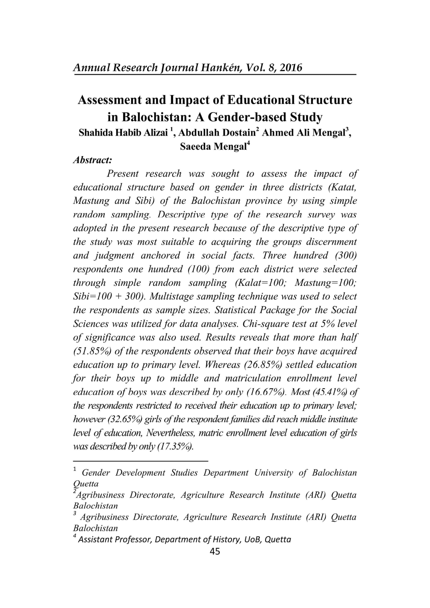 Assessment and Impact of Educational Structure in Balochistan: A Gender-based Study