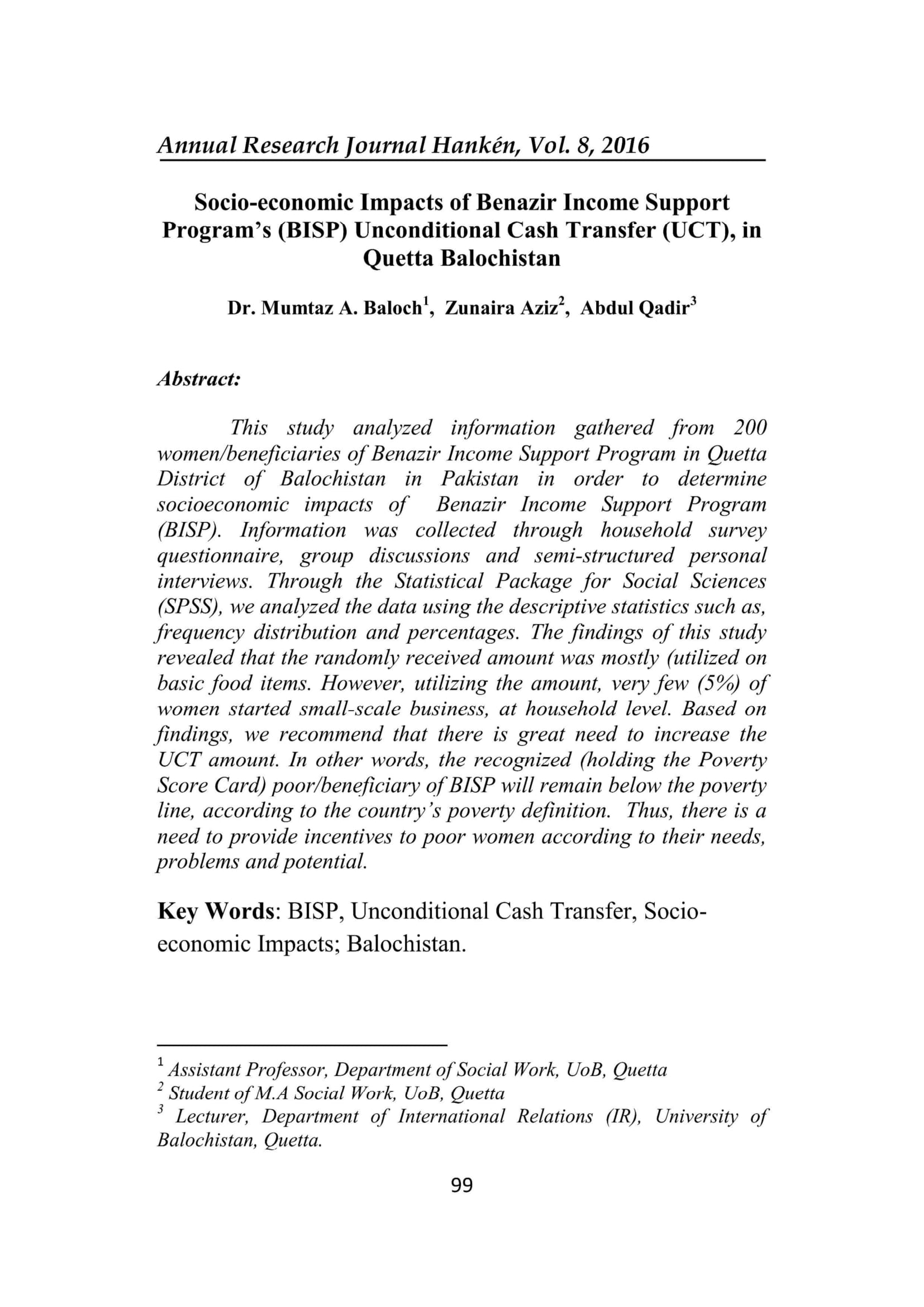 Socio-economic Impacts of Benazir Income Support Program’s (BISP) Unconditional Cash Transfer (UCT), in Quetta Balochistan