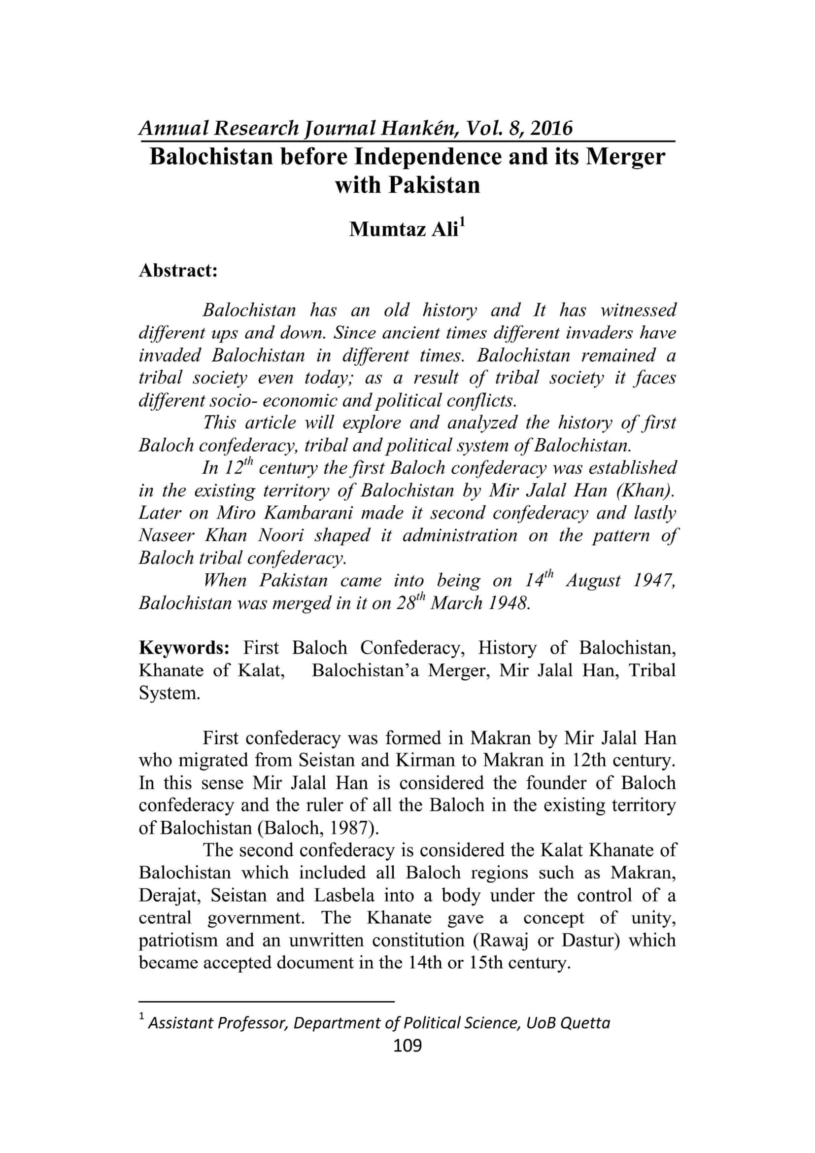 Balochistan before Independence and its Merger with Pakistan